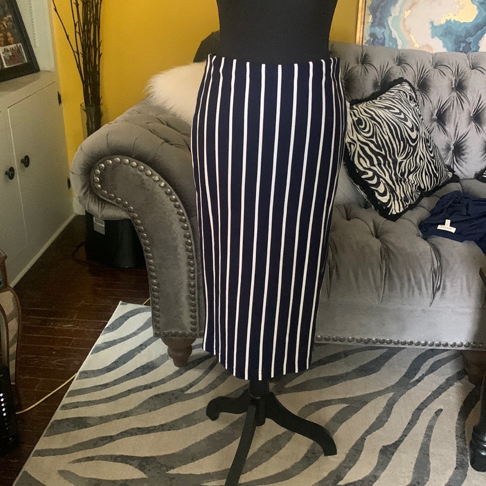 Sanctuary navy blue and white stripped midi pencil skirt